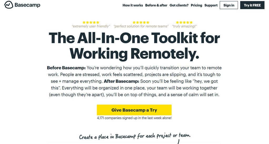 basecamp homepage